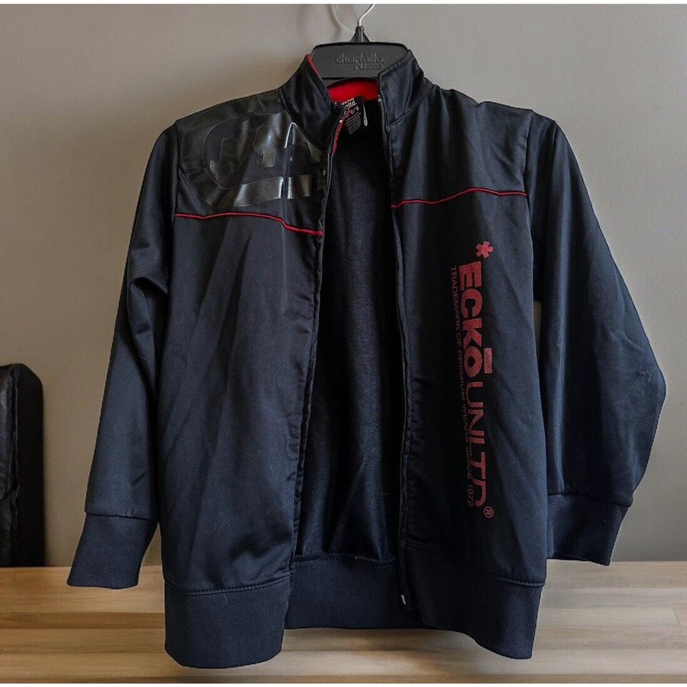 Ecko Unltd Mens Black Track Jacket Full Zip Spell Out Kids Size 6 *READ